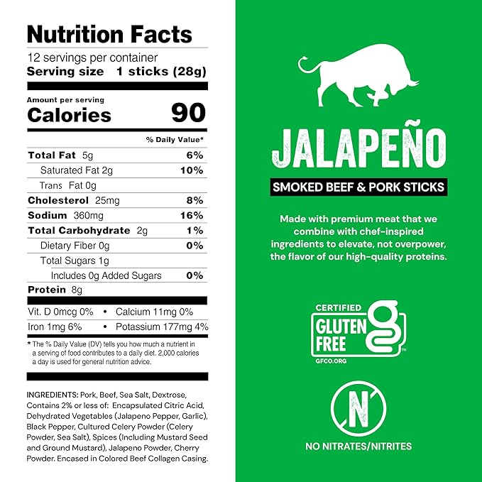Chef's Cut Smoked Beef and Pork Jerky Meat Sticks, Jalapeño (1 Ounce Stick, Pack of 12) - High Protein, 8g Protein, 90 Calories, Gluten-Free, Individually Wrapped, Keto Friendly Snack, Low Carb Snack