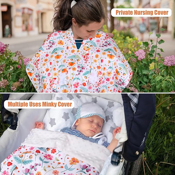 Metplus 2 in 1 Flowers Baby Car Seat Cover, Car Seat Canopy for Babies, Mom Multiuse Nursing Cover, Minky Baby Carrier Covers, Newborn Boy Girl, Peekaboo Opening