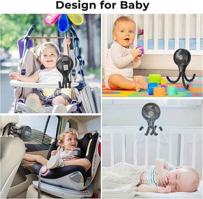 PANERGY Baby Stroller Fan, Oscillating Mini Portable Fan, 3 Speeds Battery Operated Flexible Tripod Clip on for Car Seat Crib Travel