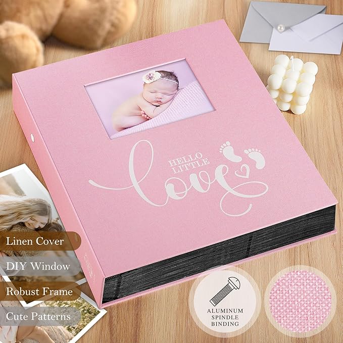 Lanpn Baby Photo Album 4x6 600 Pockets, Linen cover Newborn Bebe Memory Book Photobook Holds 600 Horizontal and Vertical Pictures, Picture Album with Front Window Gift for Boy Girl Baby Shower Pink