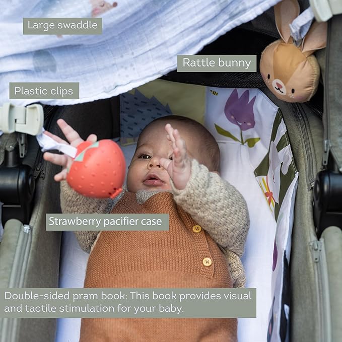 Outdoor Developmental kit, 7 Products Bamboo Swaddle, Baby Soft Book, Pacifier case, Changing mat, Carry Bag, rattling Toy Best for Newborns & up Development Montessori Infant Toys 0-6 Months Babies