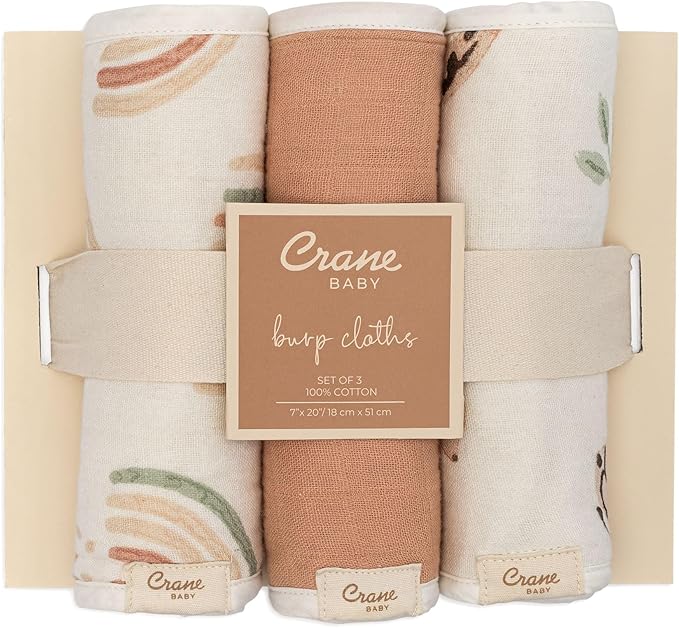Crane Baby Muslin Baby Burp Cloths, Lightweight Absorbent Burp Cloth, Rainbow/Butterfly, Set of 3, 7” x 20”, Newborn Baby Essentials, Burp Cloths Baby Boy, Burp Cloths Baby Girl, Newborn Essentials
