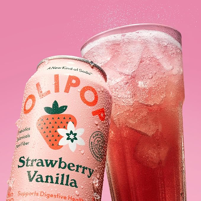 OLIPOP Prebiotic Soda Pop, Strawberry Vanilla, Pantry Pack Packed with Prebiotics, Fiber, and Botanicals, Gluten Free, Vegan, GMO Free, 12oz (12-Cans)