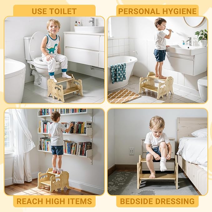 COSYLAND Toddler Step Stool for Bathroom Sink - Height Adjustable 2 Step Stool for Kids - Lovely Cat Style Wooden Potty Training Stool with Handles for Bathroom, Kitchen, Bedroom (Natural)