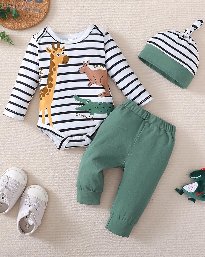 SUNNY PIGGY Baby Boy Clothes Newborn Infant Boys Outfits Romper Hat Pants 3PC Set 0-3 3-6 6-12 12-18 Month Clothing Gift