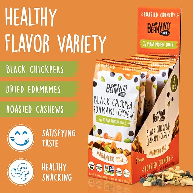 BeanVIVO Healthy Snacks for Adults & Kids with 7g Protein & 5g Fiber per Serving with Dried Edamame, Roasted Cashew and Black Chickpeas - Vegan & Gluten Free - Keto Friendly & Non-GMO - 8Pack (1.05 oz Each Pouch)
