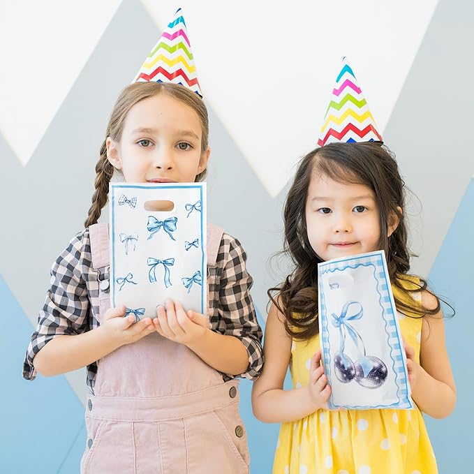 Blue Bow Party Favor Bags - 50Pcs Coquette Bow Knot Themed Goody Candy Treat Gifts Bags, Blue Theme Party Decorations for Kids Girls Women Birthday Wedding Bridal Shower Supplies