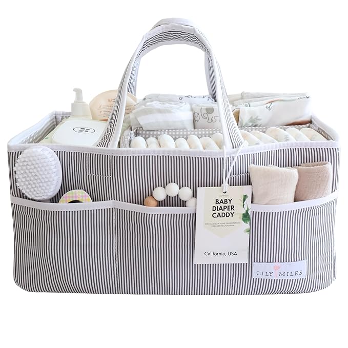 Lily Miles Baby Diaper Caddy Organizer, Baby Shower Basket for Newborn Boys or Girls, Nursery Must Haves for New Mom, Registry Favorites, Large Storage Tote for Changing Table or Car, Gray