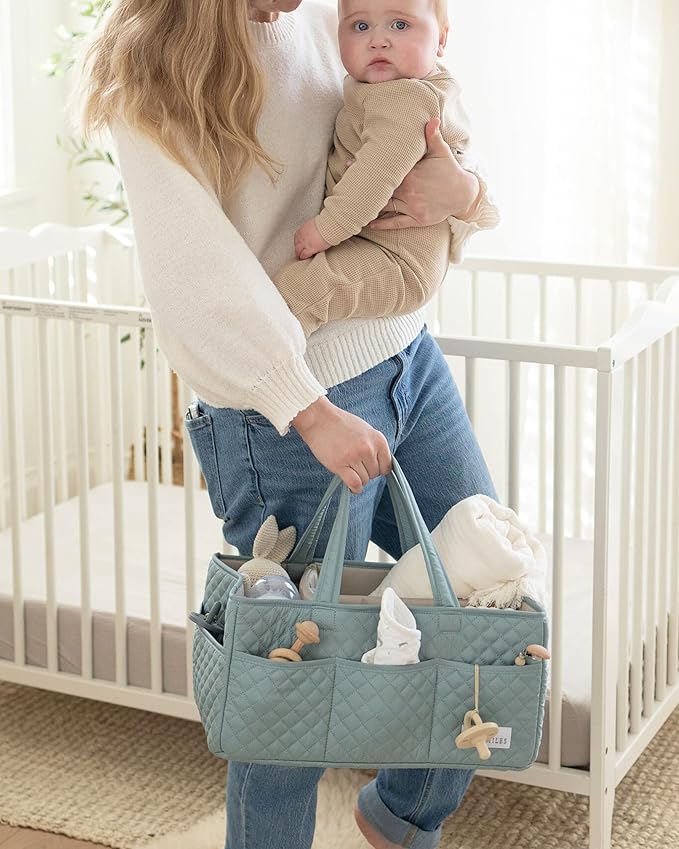 Lily Miles Baby Diaper Caddy Organizer, Quilted Nursery Storage Basket for Newborn Essentials and Diaper Changing Station, Gift for Baby Shower and Registry Must-Have (Willow Green)
