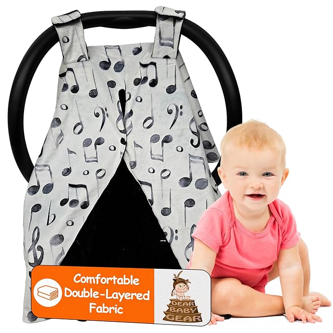 Dear Baby Gear - 40x30 Car Seat Canopy, Infant Carrier Cover for Boys & Girls, Cozy Fall, Nursing & Stroller Use, Newborn Travel Sunshade, Watercolor Music Notes, Black Minky Dot