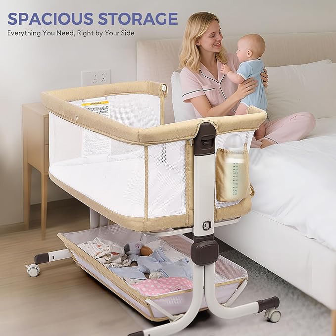 Baby Bassinet Bedside Sleeper, Upgraded Stability Bedside Crib with Full Mesh Sides, Soft Sheet, 6-Height Adjustment, Storage Basket, Easy Folding Portable Bassinet for Newborns, Oatmeal