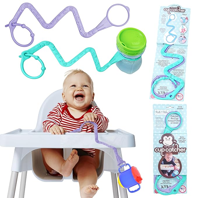 Brilli Baby Cup Catcher Patented Safety Tether Strap, Attach Sippy Cups, Bottles, Pacifiers & More to Stroller, High Chair, Car Seat, Made in USA, Food Grade, Dishwasher Safe (Lavender & Aqua)