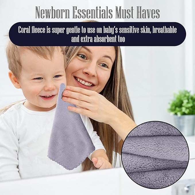 16 Pack Baby Washcloths - Luxury Coral Fleece - Extra Absorbent and Soft Wash Clothes for Newborn, Infants and Toddlers - Suitable for Sensitive Skin and New Born - Baby Shower - Light Grey,10x10 Inch