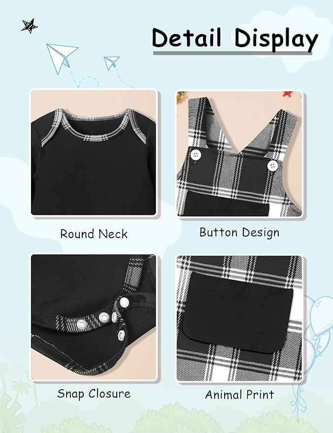 Baby Boy Clothes Long Sleeve Animal Plaid Romper + Overalls Infant Boy Clothes 2PCS Fall Winter Outfits