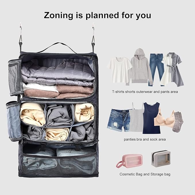 TABITORA Travel Portable Hanging Shelves Closet Organizer Packing Luggage Storage with Multifunctional and Foldable Invisible Compartment,Lightweight, for Suitcase, RV,Closet…Grey,XXL