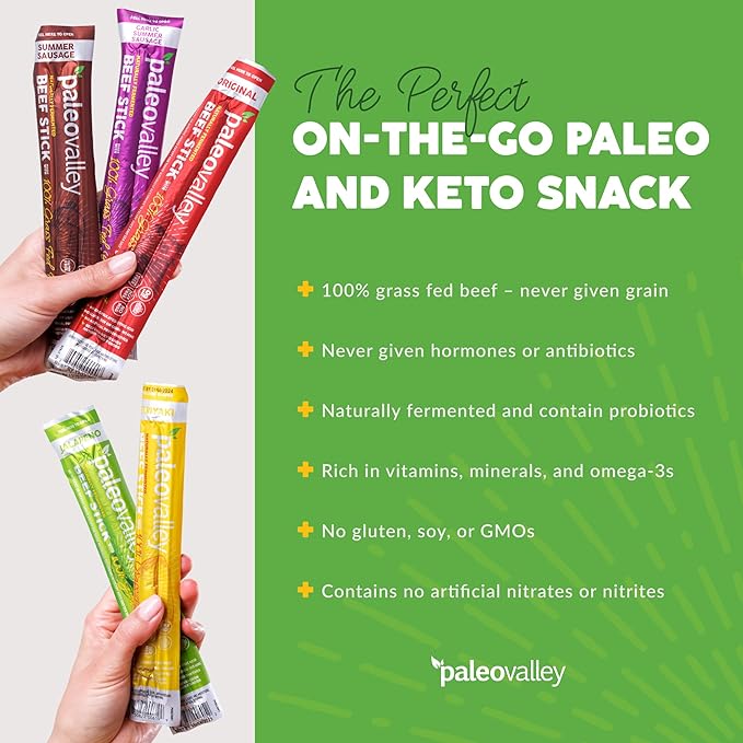 Paleovalley 100% Grass Fed Beef Sticks - Delicious Gluten Free Beef Snack - High Protein Keto Friendly, 50 Count Variety Pack