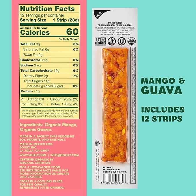 SOLELY - Organic Mango Guava Fruit Jerky - 12 Individually Wrapped Strips (12-Pack) - Fruit Leather Made from Dried Fruit - Healthy Snacks for Adults & Kids - Non GMO, Vegan Snacks - 0.8oz (23g)