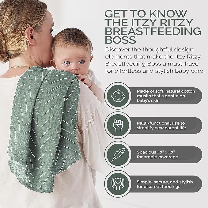 Itzy Ritzy Breastfeeding Boss Multi-Use Cover – A Nursing Cover, Swaddle, Car Seat Cover, Tummy Time Mat & Burp Cloth All in One – Made of Soft Muslin Fabric & Measures 47” x 47” (Sage Mudcloth)