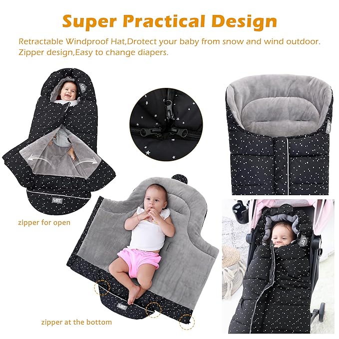 LAT Baby Warm Bunting Bag Universal,Stroller Sleeping Bag Cold Weather,Waterproof Toddler Footmuff(Basic,Black+White Stars)