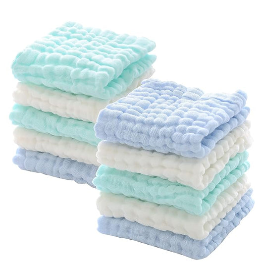 MUKIN Muslin Washcloths - Soft Face Cloths for Newborn, Absorbent Bath Face Towels, Wipes, Burp Cloths, Baby Registry as Shower. Pack of 10 (Green,Blue,White)