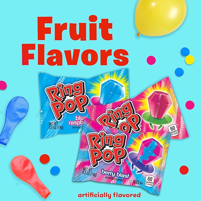 Ring Pop Lollipops - Bulk Candy Individually Wrapped Suckers Variety Party Pack- 20 Count w/ Assorted Flavors - Hard Candy for Party Favors, Kids & Goodie Bags