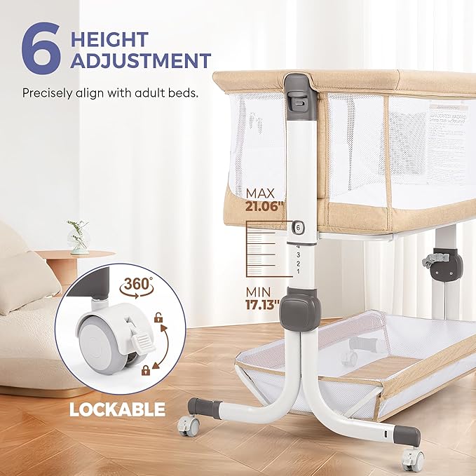 Baby Bassinet Bedside Sleeper, Upgraded Stability Bedside Crib with Full Mesh Sides, Soft Sheet, 6-Height Adjustment, Storage Basket, Easy Folding Portable Bassinet for Newborns, Oatmeal