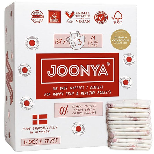 Joonya Baby Diapers, Size 3 M (9-18 lb) - 6 Bags of 28 (168) - New Range - NonToxic, Eco-Friendly, Ultra Slim, Overnight Use - Made in Denmark
