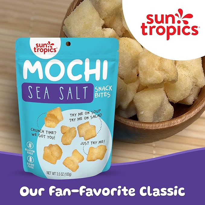 Sun Tropics Mochi Snack Bites, Sea Salt Flavor- 3.5 oz (6 Pack) | Crispy Crunchy Mochi Bites, Rice Nuggets | Mochi Puff Rice Crackers- Gluten Free & Dairy Free- No MSG Added | Asian Rice Snacks