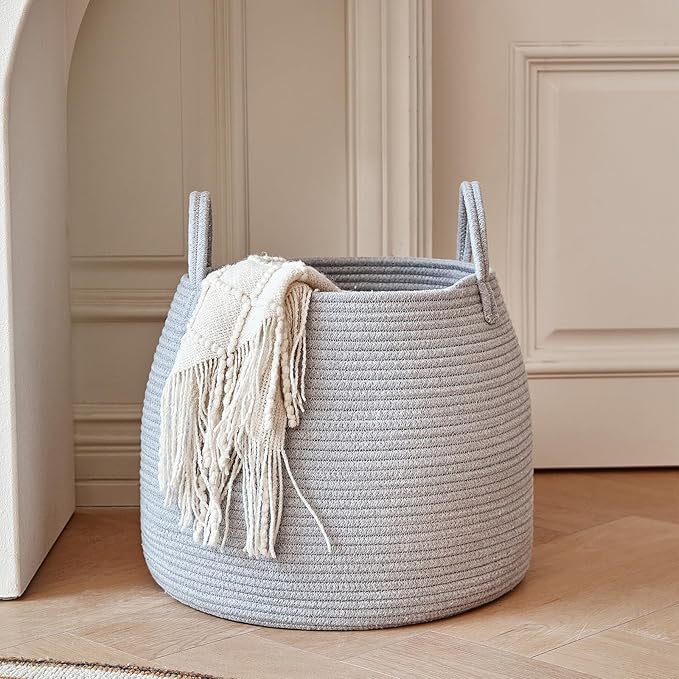 Nursery Laundry Basket | Kids Hamper for Blankets, Pillows,Toys (15"x 13")| Baby Toy Basket | Nursery Storage for Boho Room Decor | Ideal Gift for Baby Showers| Grey
