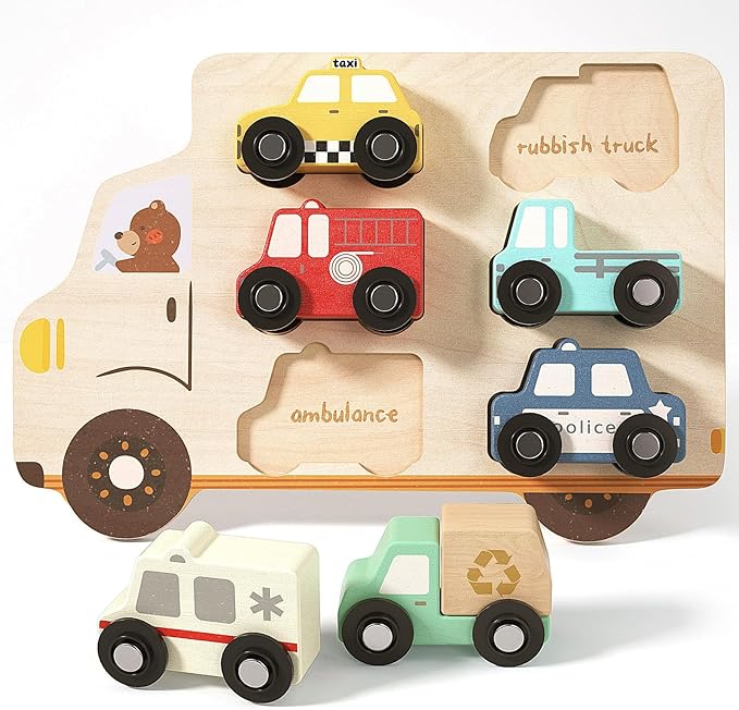 Wooden Toddler Puzzles,Montessori Puzzle for Toddlers 1-3,Montessori Toys for 1 2 3 Years Old Boys Girls Educational Toys with 6 Emergency and City Vehicles,Wooden Toy Cars for Toddler 1-3