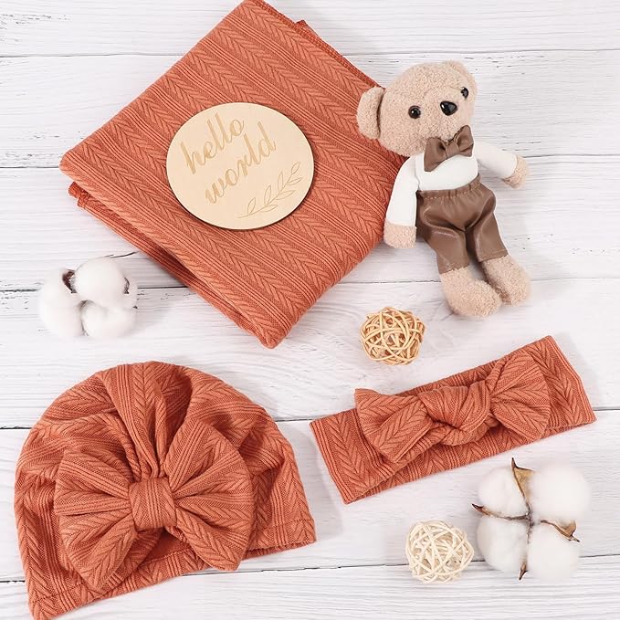 Newborn Receiving Blanket with Bow Hat Headband Wooden Card Set Wheat-Pattern Newborns Toddler Baby Boy Girl Nursery Swaddle Wrap