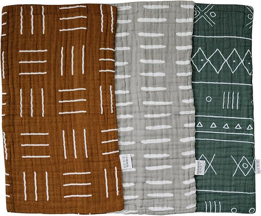 Mebie Baby Burp Cloths, Printed 3-Pack, Muslin Burp Cloth Set for Spit Up, Drool, and More, Boho Burp Cloths for Baby Boy and Girl, Baby Must Haves for Registry Lists and Gifts for Newborns