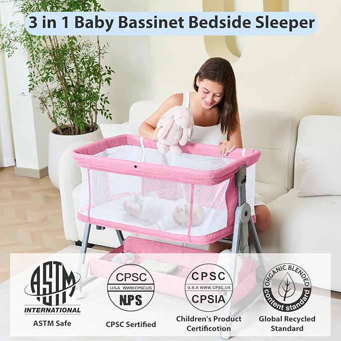 3-in-1 Baby Bassinet Bedside Sleeper with Wheels Bedside Bassinet for Newborn and Infant with Mattress and Storage Basket | Adjustable Height & Angle (13.5-18") | ASTM/CPSIA Certified (Pink)
