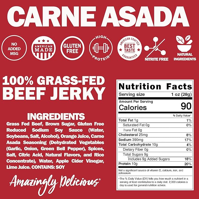 Field Trip Grass Fed Beef Jerky, Healthy Gluten Free Snacks, All Natural, Paleo-Friendly Beef Jerky, High Protein, Low Carb Snack with No Nitrates, 1oz Bag, 12 Pack, Carne Asada