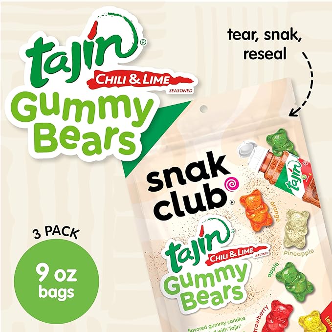 Snak Club Tajin Gummy Bears, Assorted Fruit Candy Gummies with Chili and Lime Seasoning, Mild Spice, Gluten-Free and Vegan Snacks, 9 oz Resealable Bags, 3 Pack