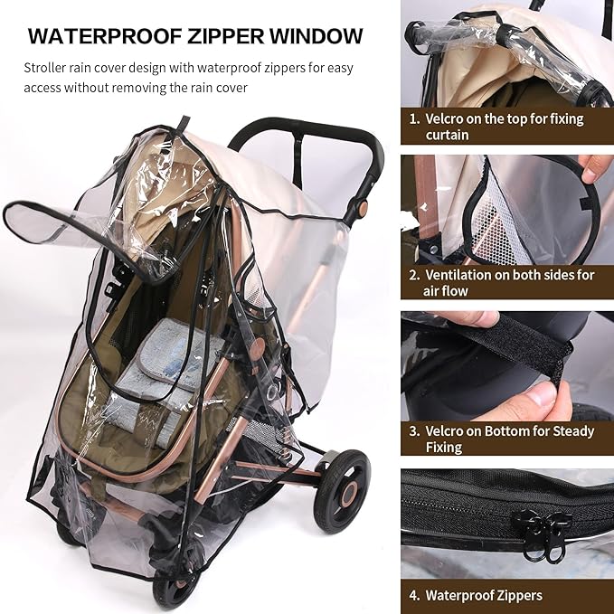Stroller Rain Cover, Universal Rain Cover for Stroller with Waterproof Zipper, Clear Travel Weather Shield for Baby 4 Season Protection, Rainy Wind Snow Dust (XL, U-Shape Zipper)