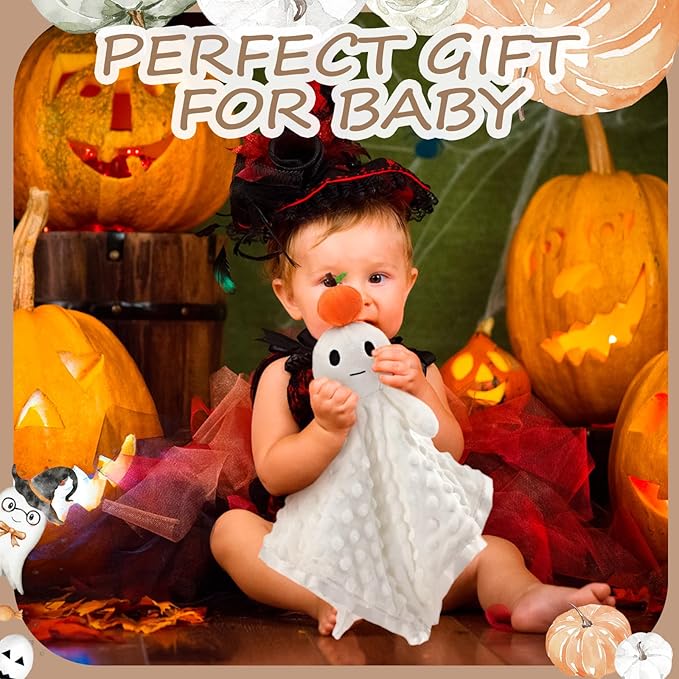 16 in Halloween Pumpkin Ghost Security Blanket Loveys for Babies Newborn Infant Toddler Orange Soft Stuffed Security Blanket with Toy Rattle Lovely Plush Sleeping Snuggle Gifts Baby Gifts