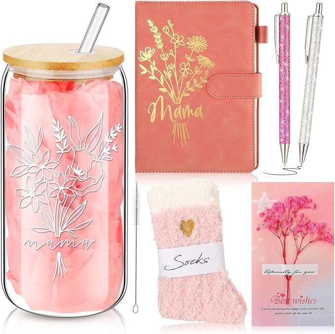 LemonRoad 6 Pcs New Mom Gifts, Pregnancy Gift for Expecting Mom, Baby Shower Favor for New Mommy After Birth, Aesthetic Flower Tumbler Notebook Pen Sock Dried Flower Greeting Card for Mommy(Pink)