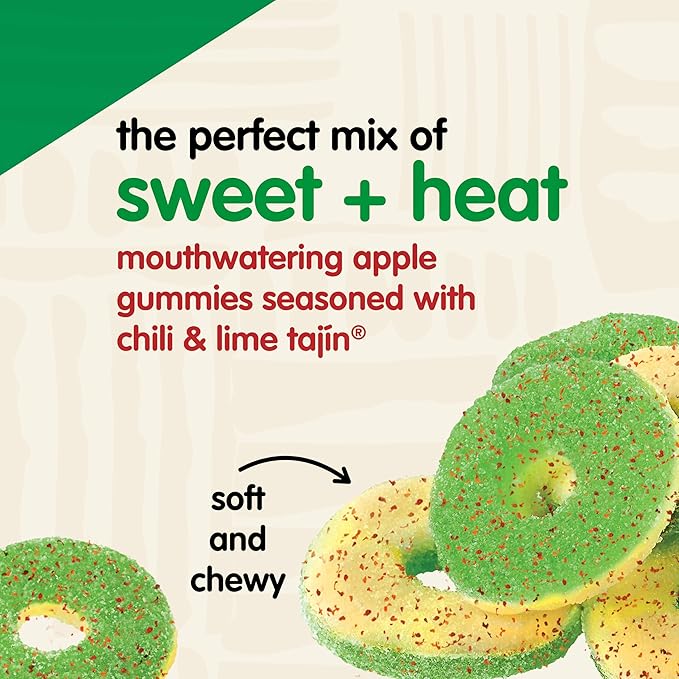 Snak Club Tajin Apple Rings Gummy Candy, Fruit Candy Gummies with Chili and Lime Seasoning, Mild, Gluten-Free and Vegan Snacks, 11 oz Resealable Bag