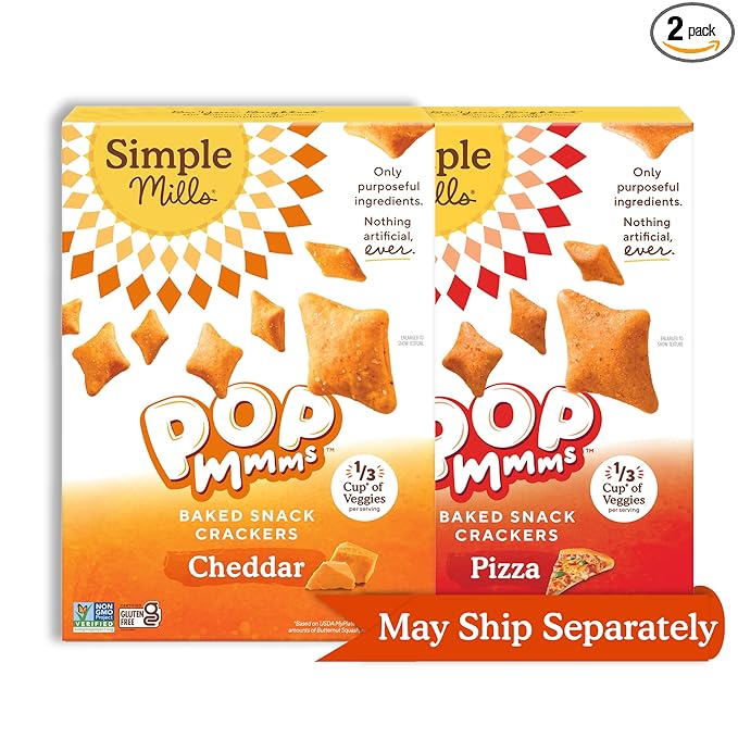 Simple Mills Pop Mmms Cheddar Baked Snack Crackers and Pop Mmms Pizza Baked Snack Crackers (Pack of 2)