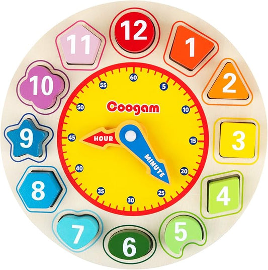 Coogam Wooden Shape Color Sorting Clock – Teaching Time Number Puzzle Stacking Sorter Jigsaw Montessori Early Learning Educational Toy Gift for Year Old Kids