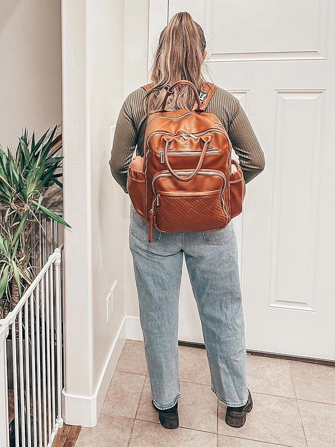 Leather Diaper Bag Backpack for Women with Multiple Pockets,Laptop Compartment and Changing Pad.