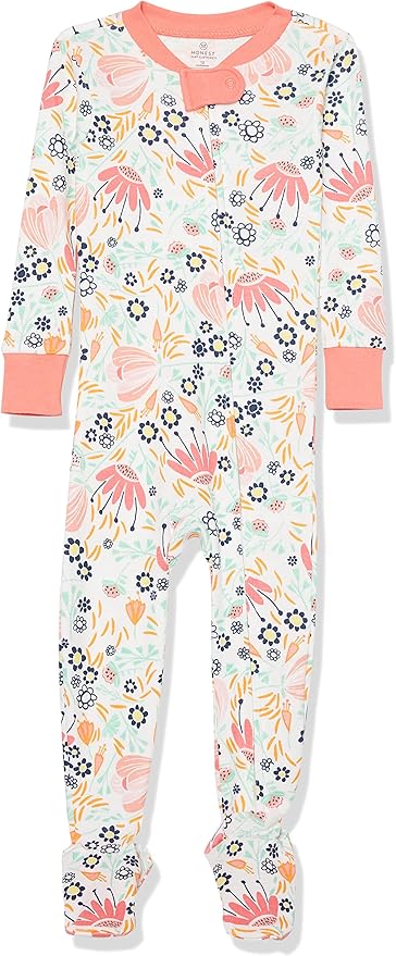 HonestBaby Non-Slip Footed Pajamas One-Piece Sleeper Zip-Front Pjs 100% Organic Cotton for Baby Girls