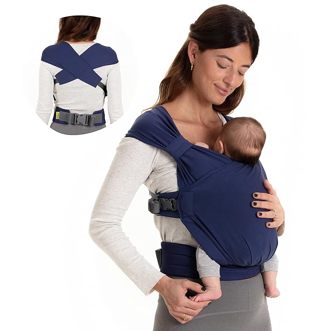 Boba Bliss Pre-Wrapped Baby Carrier with Buckle - Newborn to 7-35 lbs Light, Breathable & Easy to Adjust Hybrid Infant Sling & Toddler Carrier - Certified Hip-Healthy for 0-18 Months - Navy Blue