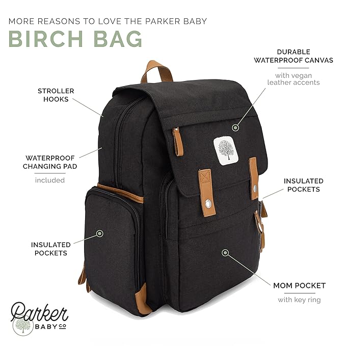 Parker Baby Co. Diaper Backpack - Large Diaper Bag with Insulated Pockets, Stroller Straps and Changing Pad -Birch Bag - Black
