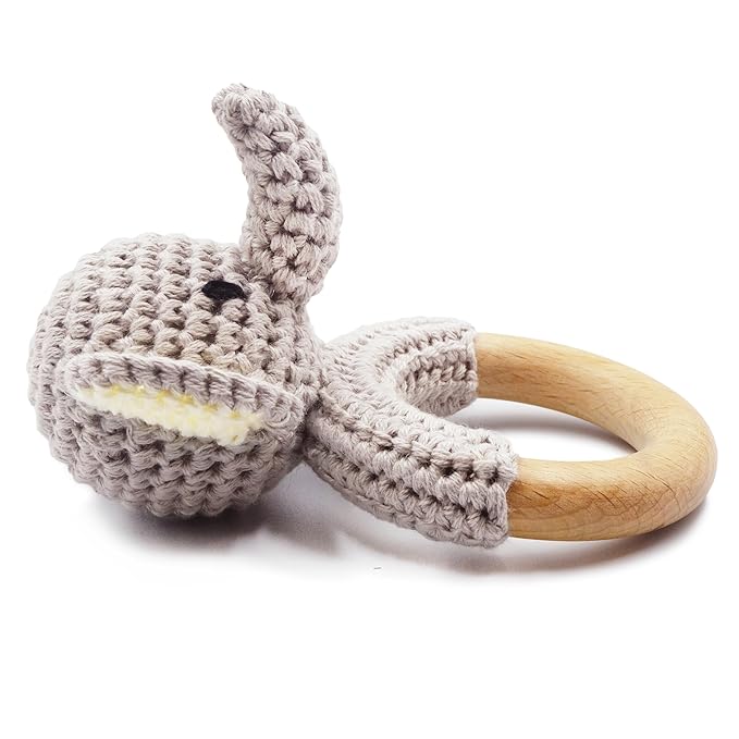 Joliecraft Safari Animals Wooden Baby Rattle Toys Stuffed Crochet Rattle with Teether Ring for Newborn, Gray Elephant