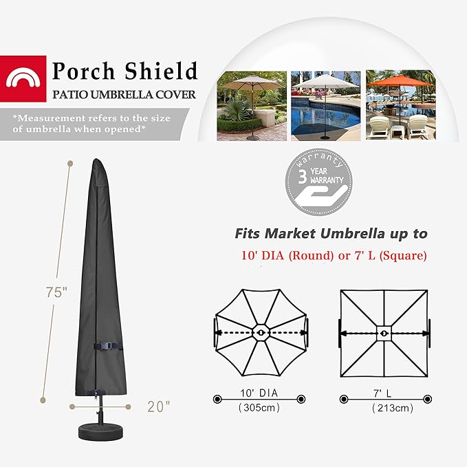 Porch Shield Patio Umbrella Cover - Outdoor Waterproof Garden Market Parasol Covers Fits Market Umbrella 7-10 Feet, Black