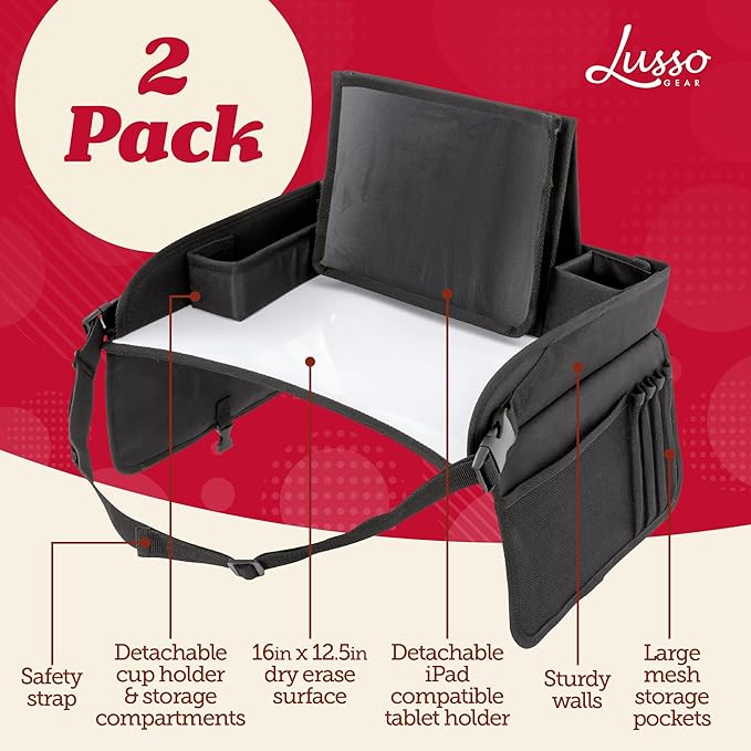 Lusso Gear Car Seat Tray for Kids - 2-Pack, Black - Road Trip Essentials Organizer & Car Seat Snack Tray with Tablet Stand, Mesh Pockets & Cup Holder