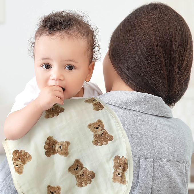 LifeTree Muslin Baby Burp Cloths - 2 Pack 70% Viscose from Bamboo and 30% Cotton Large 22'' by 10'' Absorbent Milk Spit Up Rags - Burping Cloths for Newborn, Girls Boys, Bear and Checkered