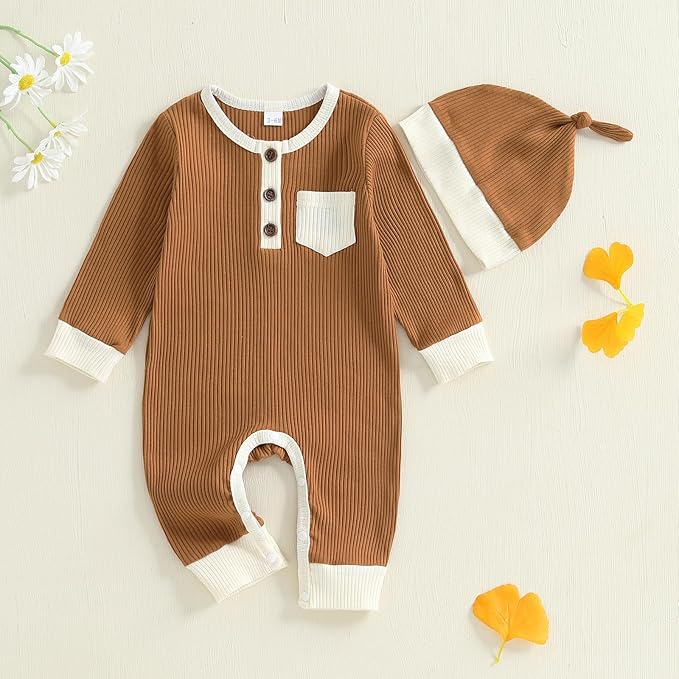 fhutpw Newborn Baby Boy Clothes Ribbed Knit Bodysuit 3 6 Months Infant Fall Long Sleeve Splicing Color Romper Jumpsuit & Hat
